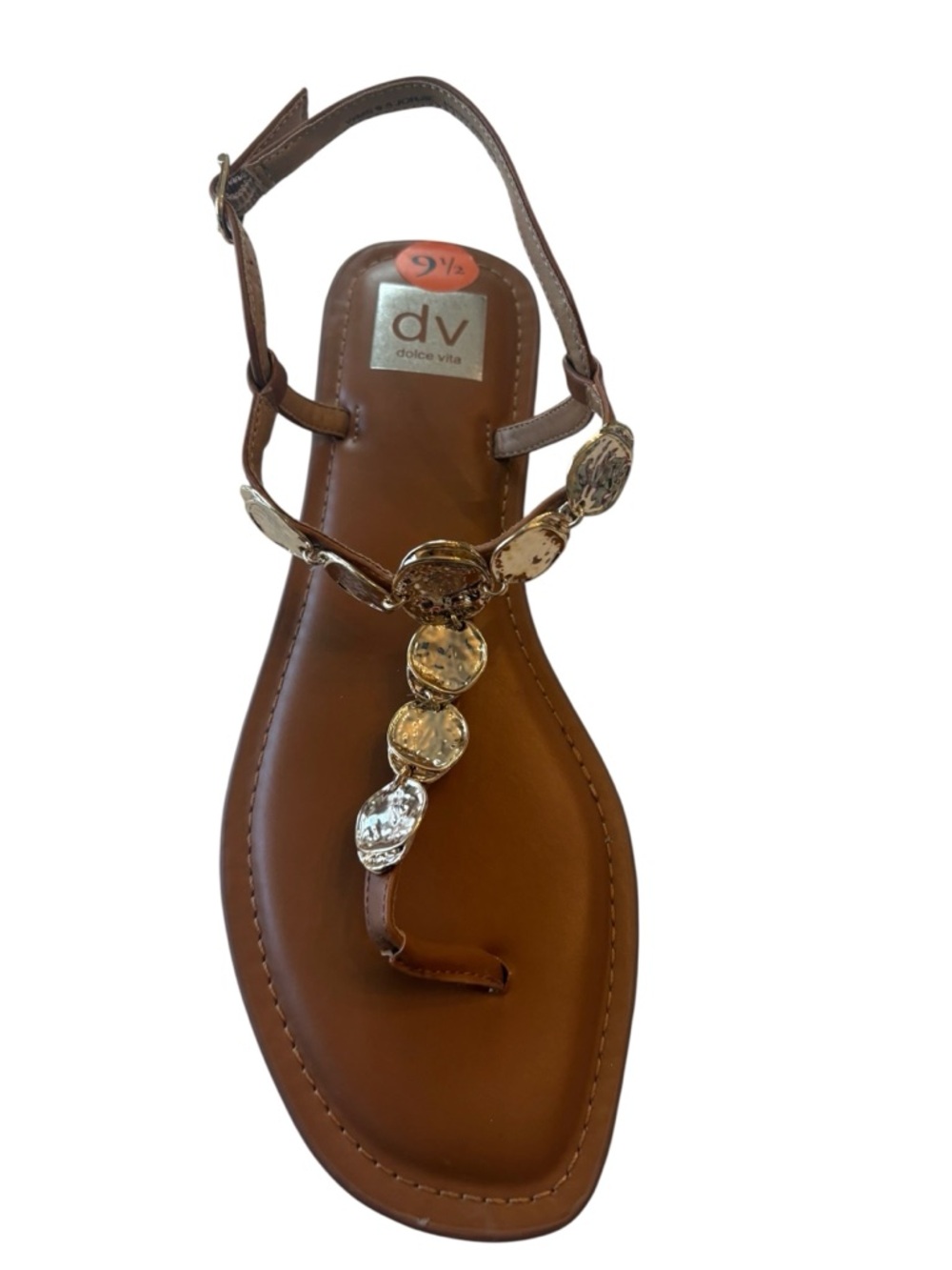 Dolce Vita Brown Leather T-Strap Sandals with Gold Disc Details